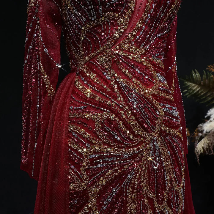 Luxury Wine Red Crystal Embellished Slit Evening Dress with Overskirt SS160-DreamyVow