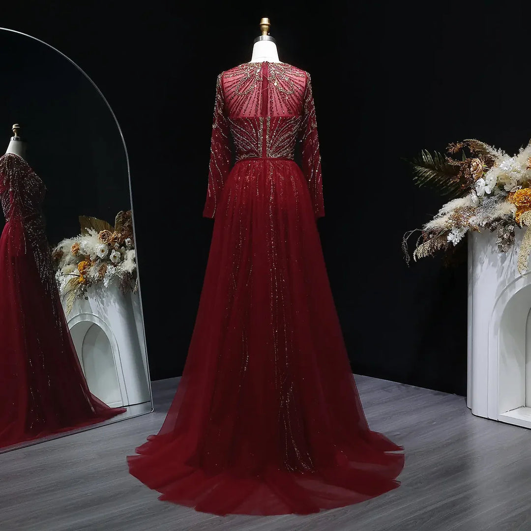 Luxury Wine Red Crystal Embellished Slit Evening Dress with Overskirt SS160-DreamyVow