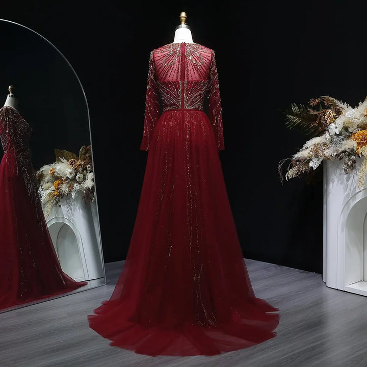 Luxury Wine Red Crystal Embellished Slit Evening Dress with Overskirt SS160-DreamyVow