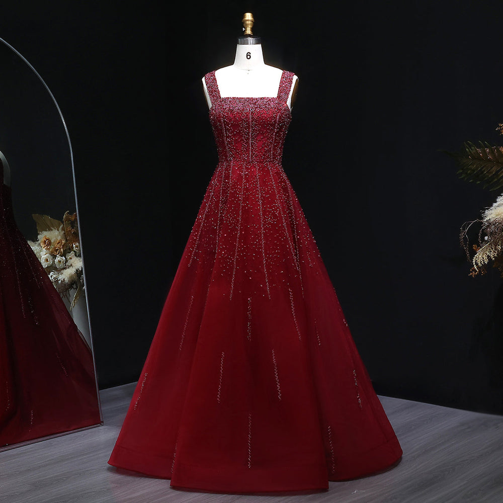 Luxury Wine Red Sequin Beaded A-Line Evening Dress XD074-DreamyVow