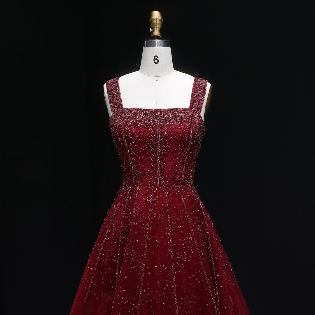 Luxury Wine Red Sequin Beaded A-Line Evening Dress XD074-DreamyVow