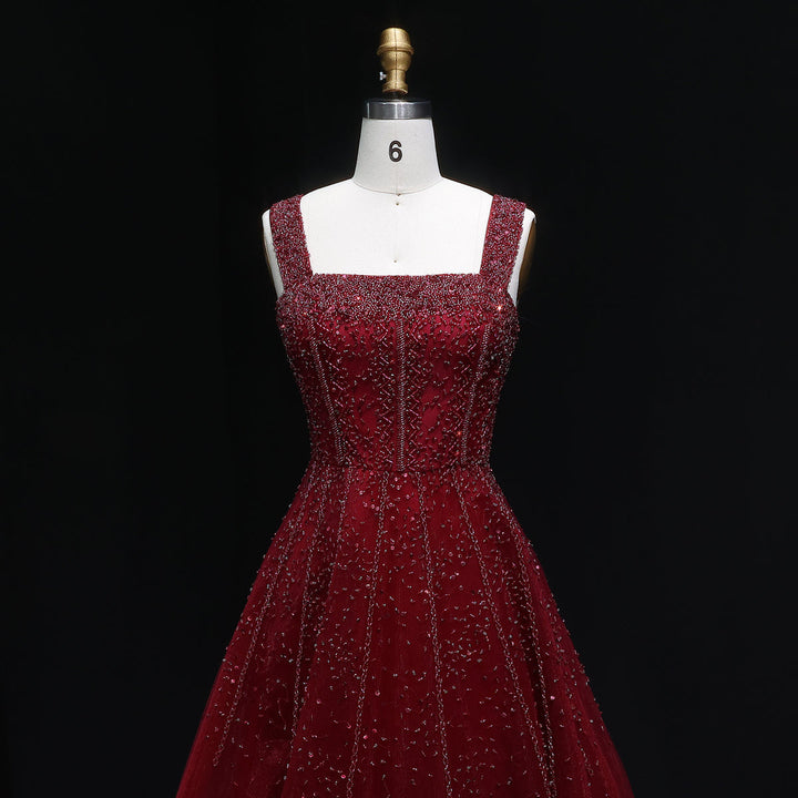 Luxury Wine Red Sequin Beaded A-Line Evening Dress XD074-DreamyVow