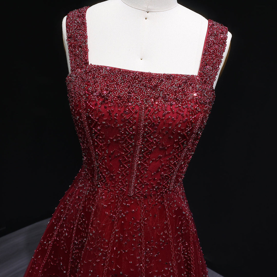 Luxury Wine Red Sequin Beaded A-Line Evening Dress XD074-DreamyVow