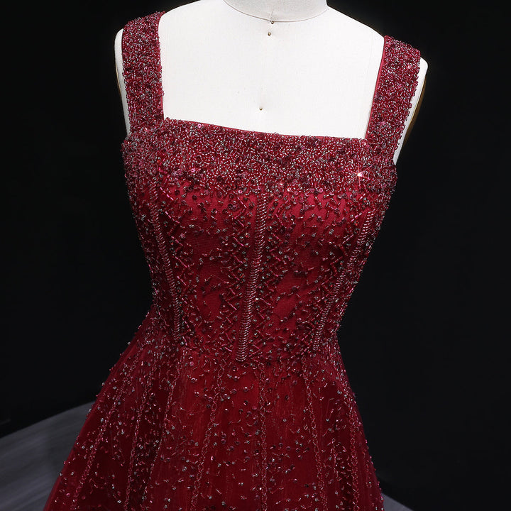 Luxury Wine Red Sequin Beaded A-Line Evening Dress XD074-DreamyVow