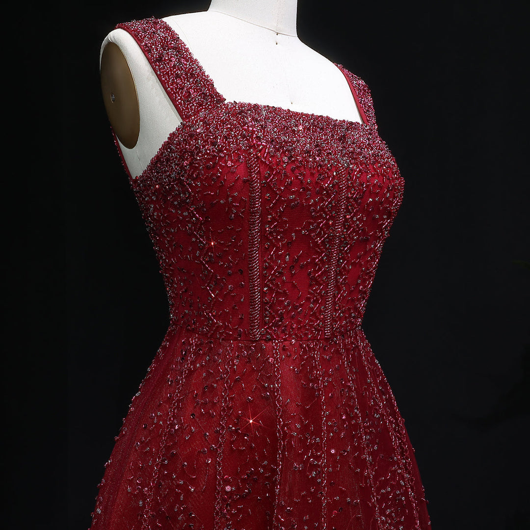 Luxury Wine Red Sequin Beaded A-Line Evening Dress XD074-DreamyVow