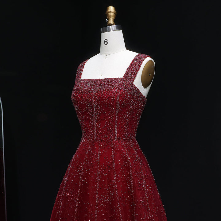 Luxury Wine Red Sequin Beaded A-Line Evening Dress XD074-DreamyVow