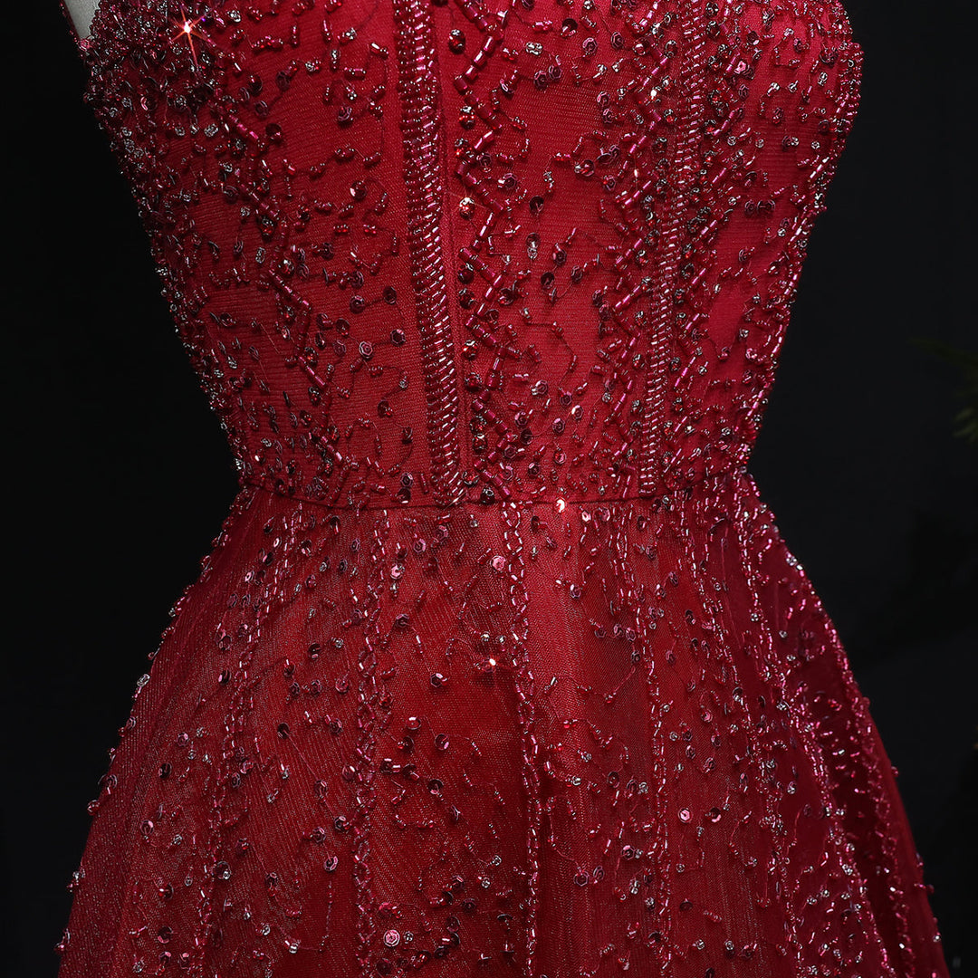 Luxury Wine Red Sequin Beaded A-Line Evening Dress XD074-DreamyVow