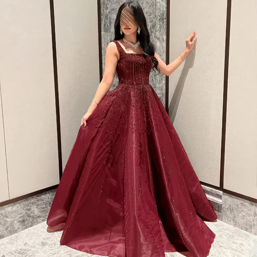 Luxury Wine Red Sequin Beaded A-Line Evening Dress XD074-DreamyVow