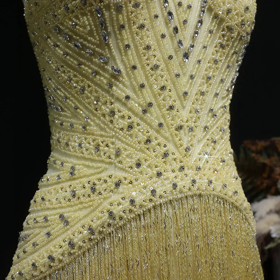 Luxury Yellow Beaded Fringe Evening Dress with Spaghetti Straps SS522-DreamyVow