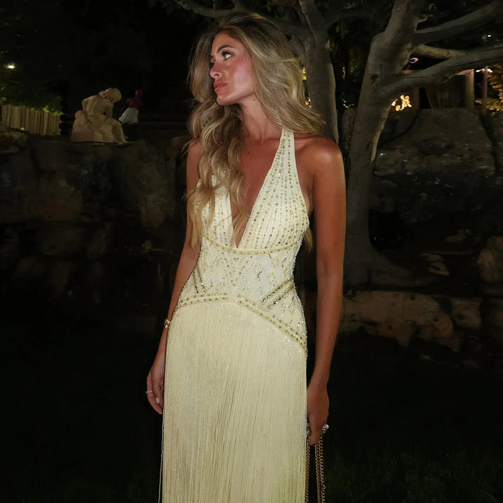 Luxury Yellow Halter Neck Beaded Gala Prom Dress SS554-DreamyVow