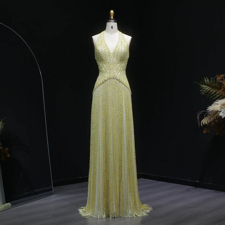 Luxury Yellow Halter Neck Beaded Gala Prom Dress SS554-DreamyVow