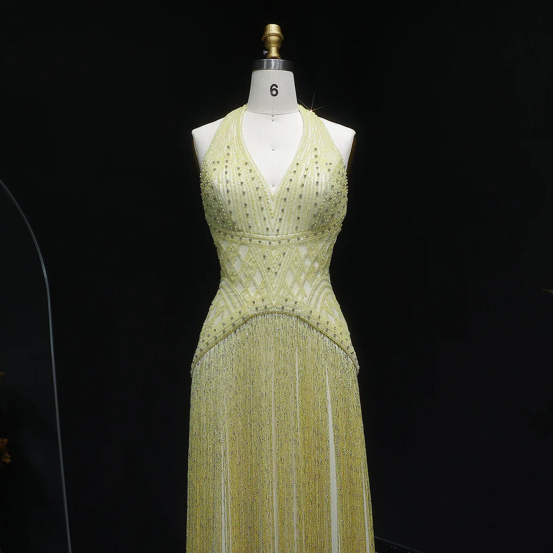 Luxury Yellow Halter Neck Beaded Gala Prom Dress SS554-DreamyVow