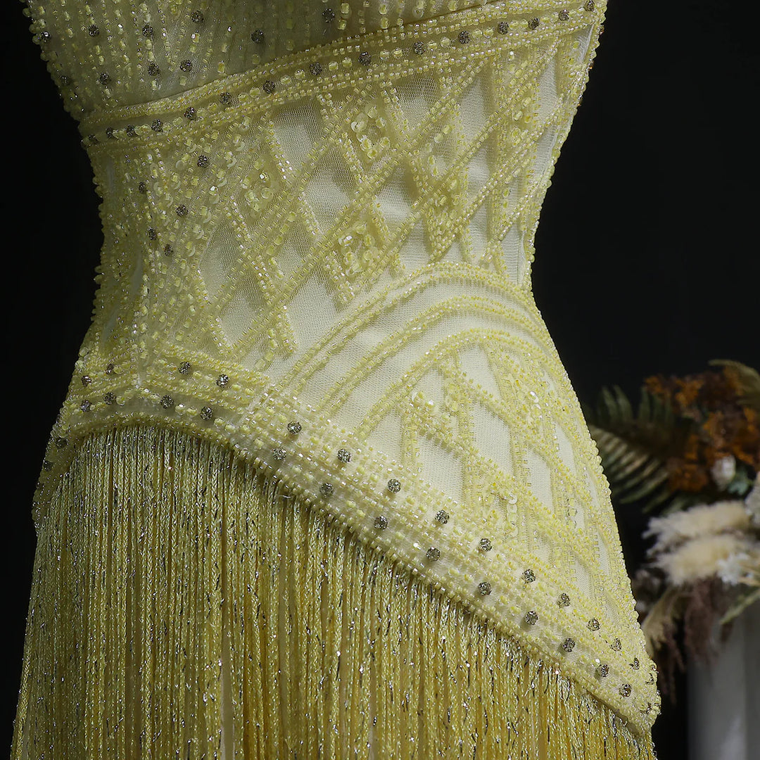 strapless open back dress Luxury Yellow Halter Neck Beaded Gala Prom Dress SS554 Yellow / 12