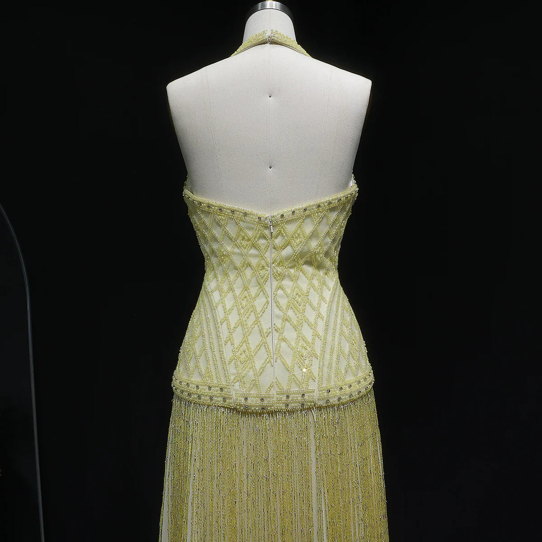 Luxury Yellow Halter Neck Beaded Gala Prom Dress SS554 Yellow / 12 Luxury Yellow Halter Neck Beaded Gala Prom Dress SS554 Yellow / 12