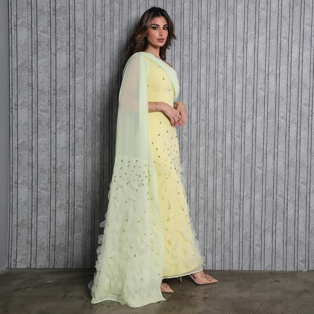 Luxury Yellow One Shoulder Evening Dress with 3D Floral Hem XD034-DreamyVow