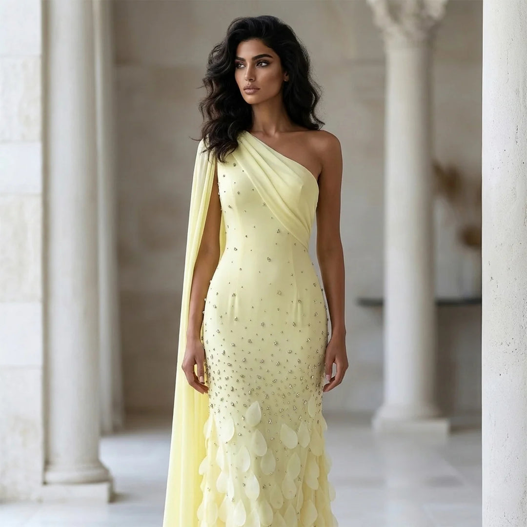 Luxury Yellow One Shoulder Evening Dress with 3D Floral Hem XD034-DreamyVow