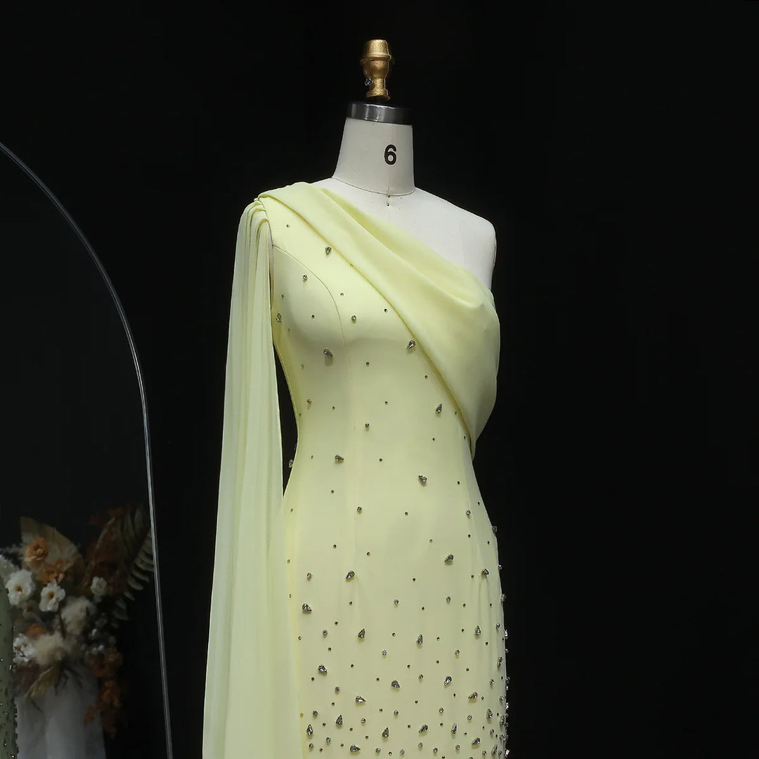 Luxury Yellow One Shoulder Evening Dress with 3D Floral Hem XD034-DreamyVow