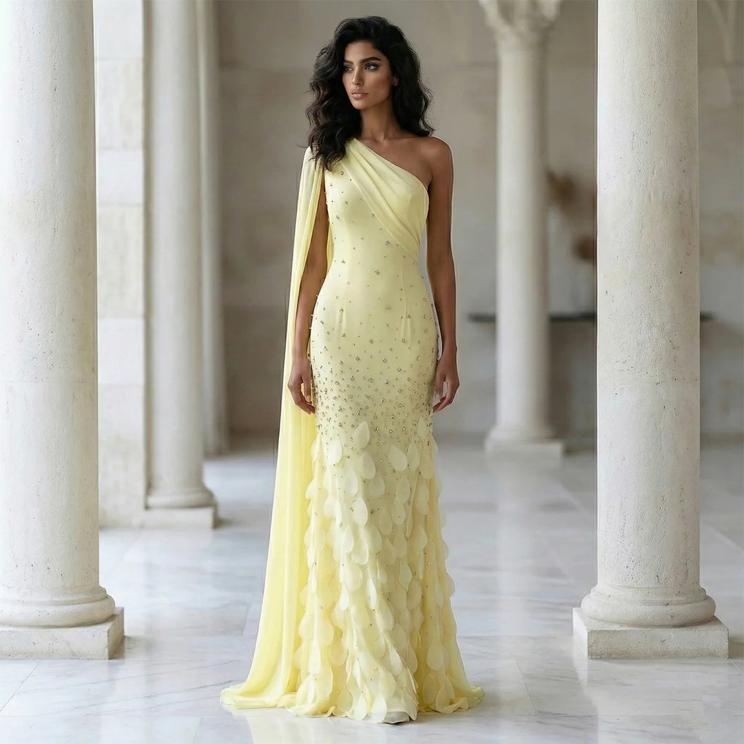 Luxury Yellow One Shoulder Evening Dress with 3D Floral Hem XD034-DreamyVow