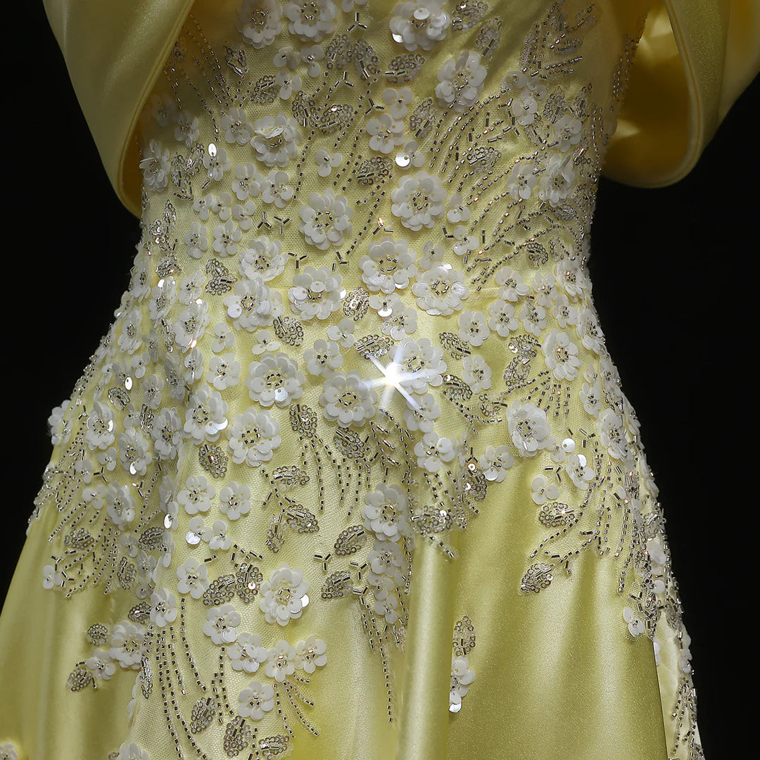 Luxury Yellow Satin with 3D Floral Sequin Embroidery Evening Dress XD032-DreamyVow