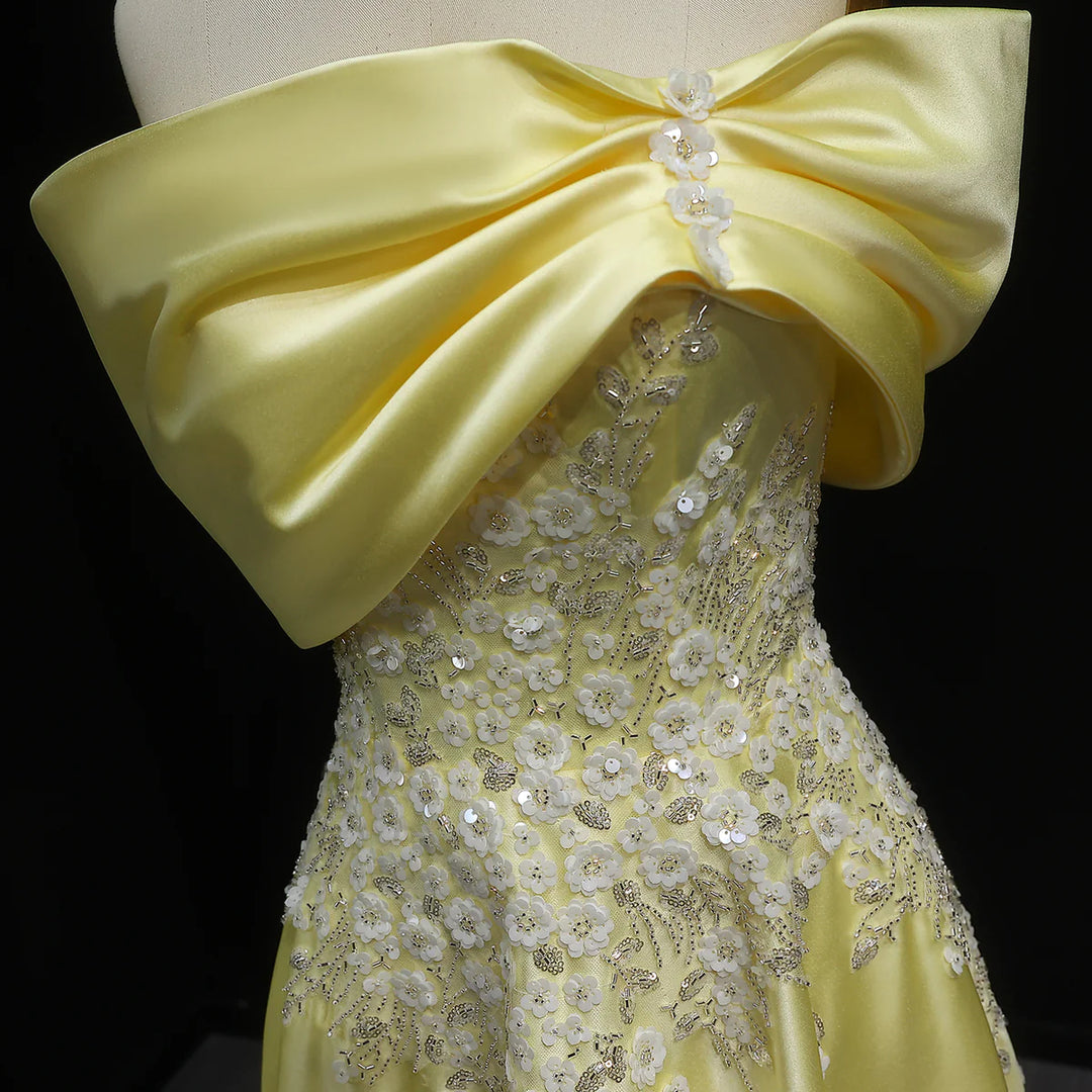 Luxury Yellow Satin with 3D Floral Sequin Embroidery Evening Dress XD032-DreamyVow