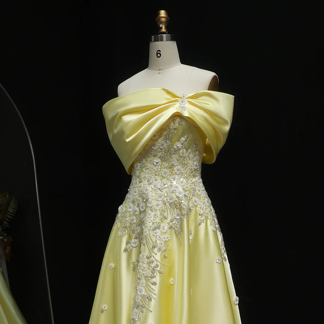 Luxury Yellow Satin with 3D Floral Sequin Embroidery Evening Dress XD032-DreamyVow