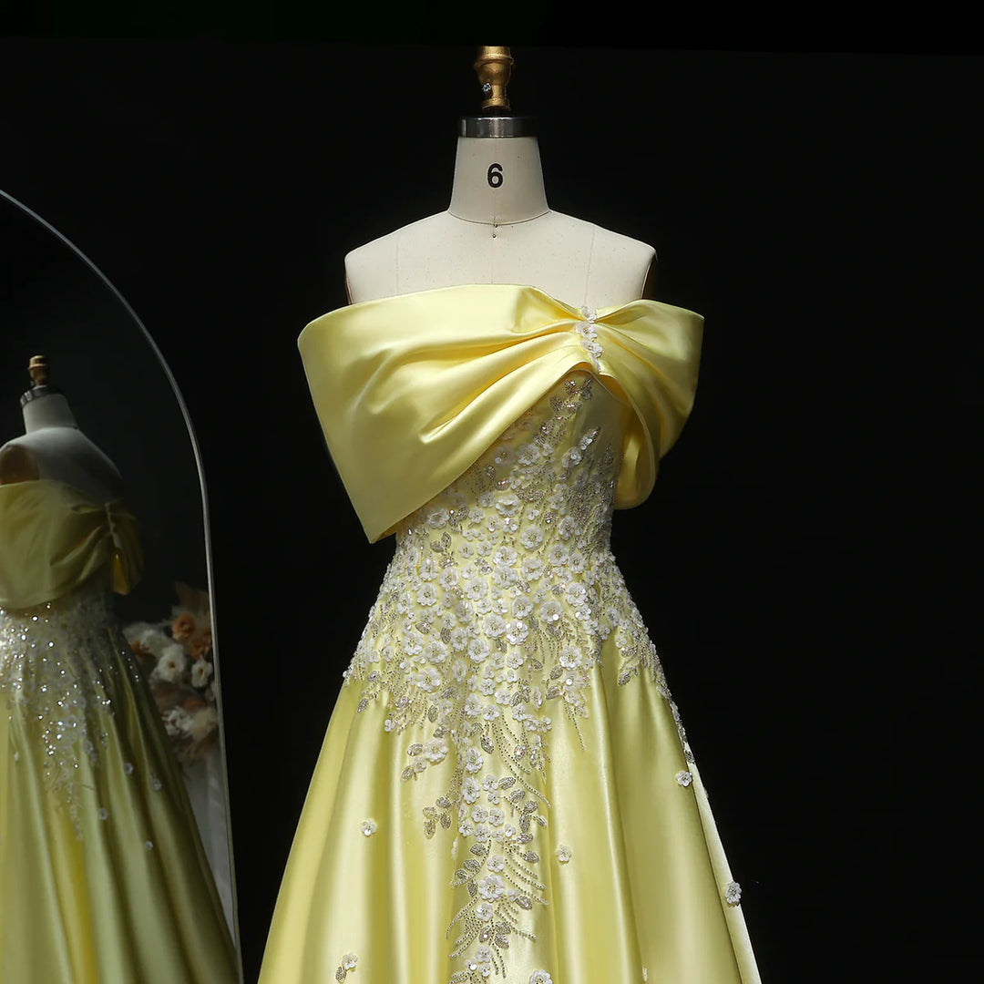 Luxury Yellow Satin with 3D Floral Sequin Embroidery Evening Dress XD032-DreamyVow