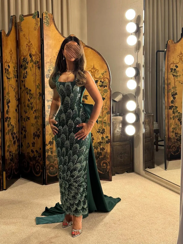 Elegant Emerald Green Beaded Gown with Bow Train Evening Dress SS648