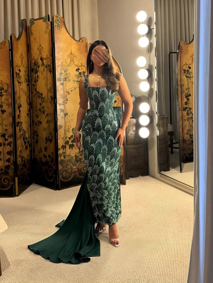 Elegant Emerald Green Beaded Gown with Bow Train Evening Dress SS648