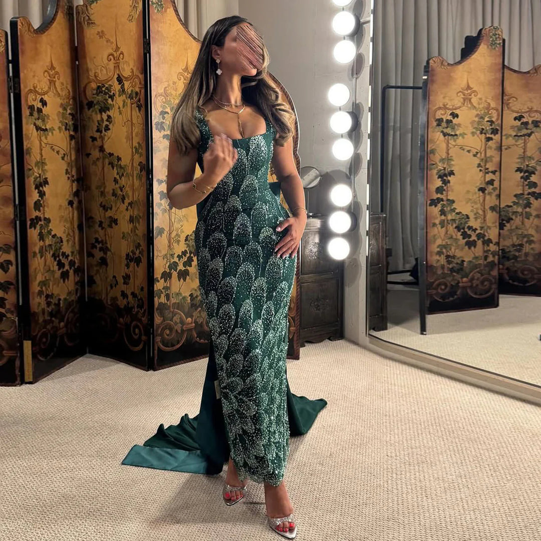 Elegant Emerald Green Beaded Gown with Bow Train Evening Dress SS648