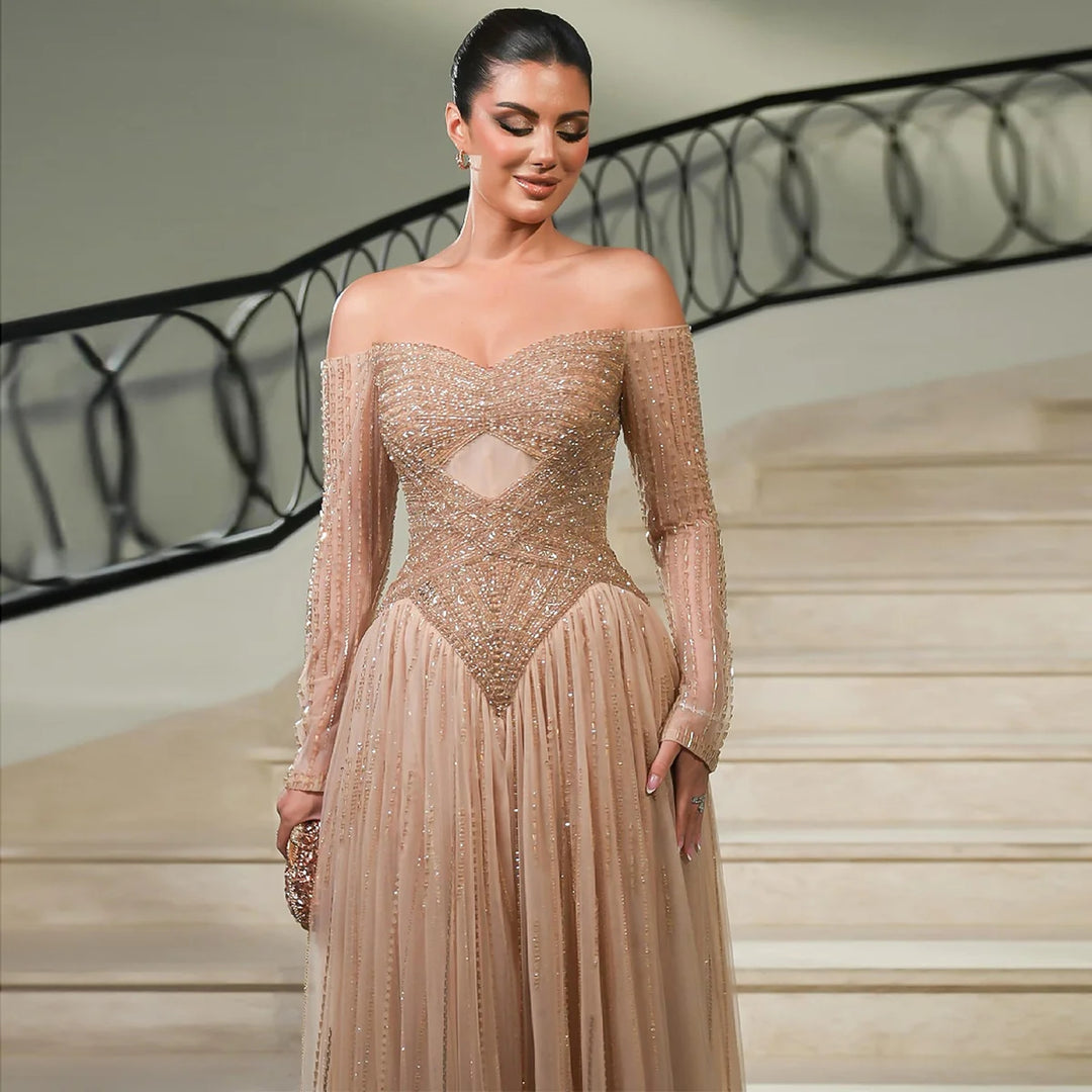 Elegant Champagne Off Shoulder Evening Gown with Arabic Style SS116