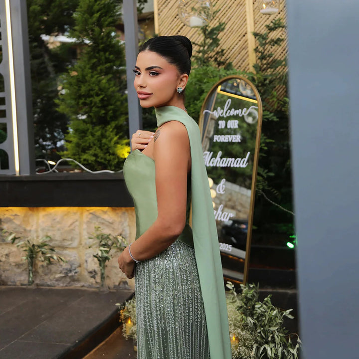 Luxury Sage Green with Scarf ALine Evening Dress SS639