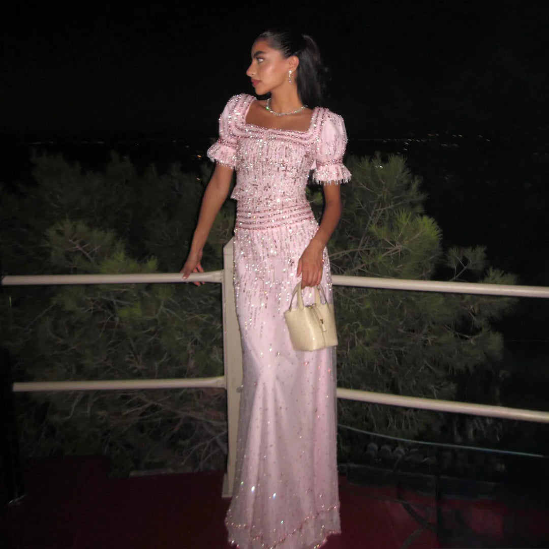 Elegant Pink Sequin Two Piece Evening Dress with Puff Sleeves SS548