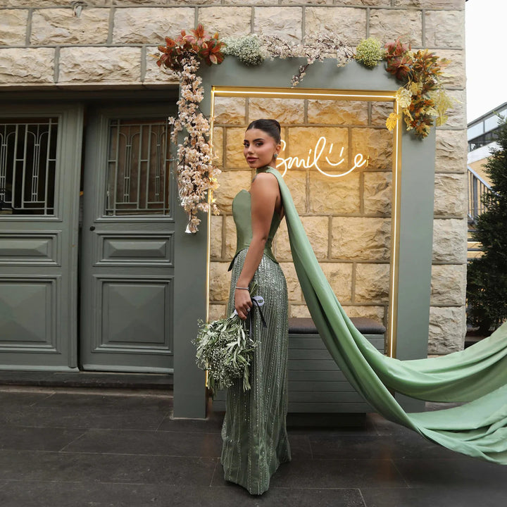 Luxury Sage Green with Scarf ALine Evening Dress SS639
