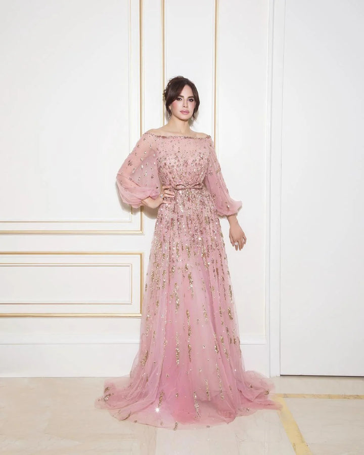 Luxury Pink Sequin Beaded Evening Gown with Elegant Bow SS230