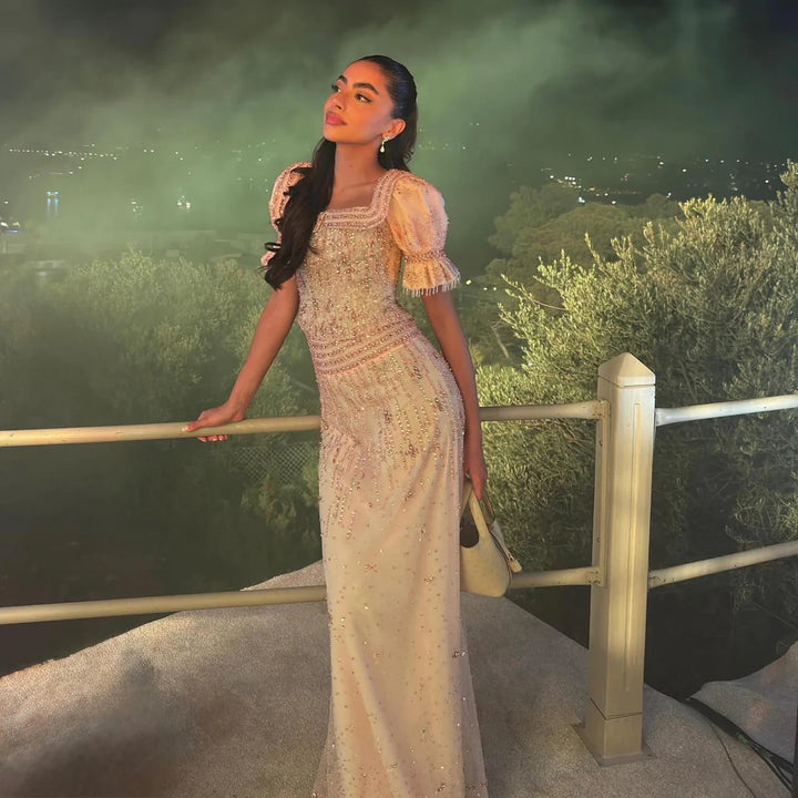 Elegant Pink Sequin Two Piece Evening Dress with Puff Sleeves SS548