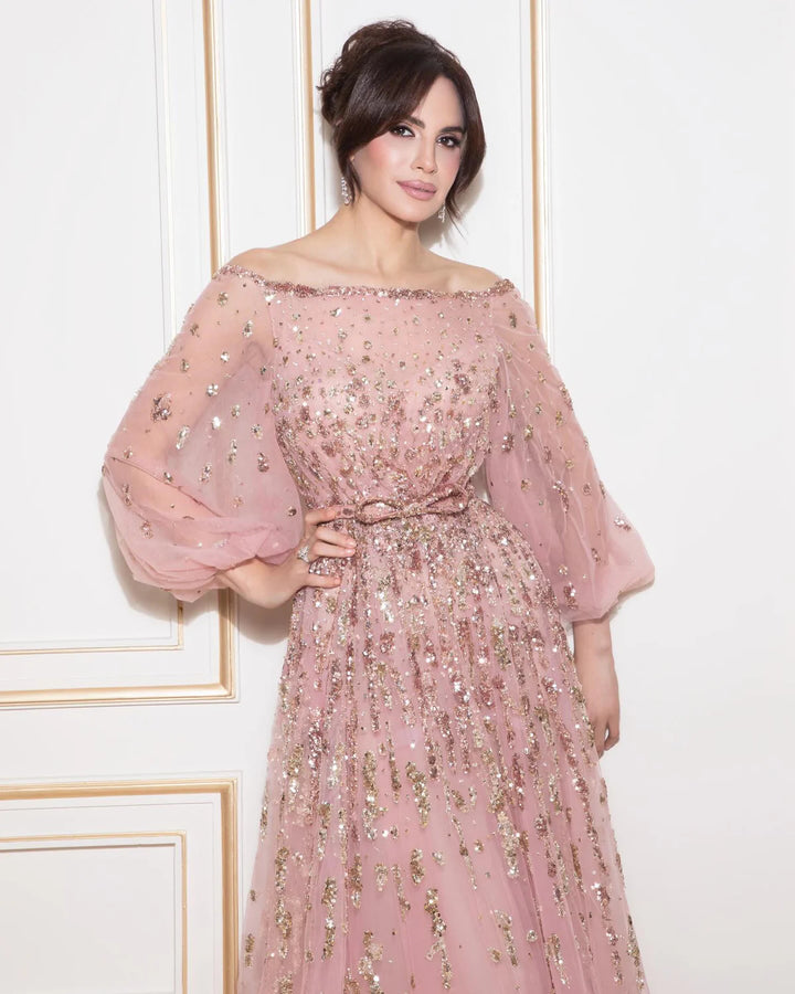 Luxury Pink Sequin Beaded Evening Gown with Elegant Bow SS230