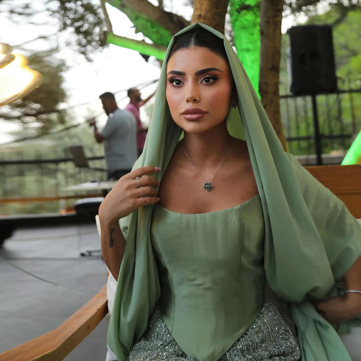 Luxury Sage Green with Scarf ALine Evening Dress SS639