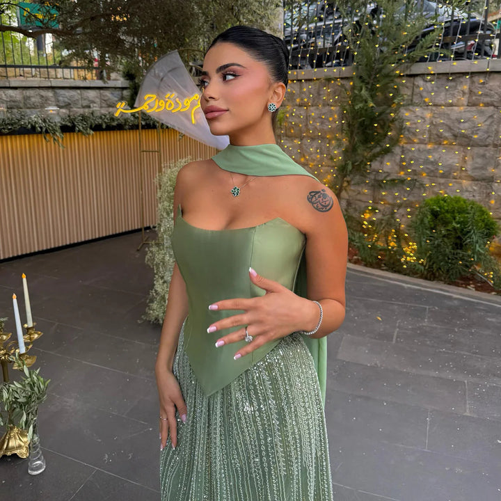 Luxury Sage Green with Scarf ALine Evening Dress SS639