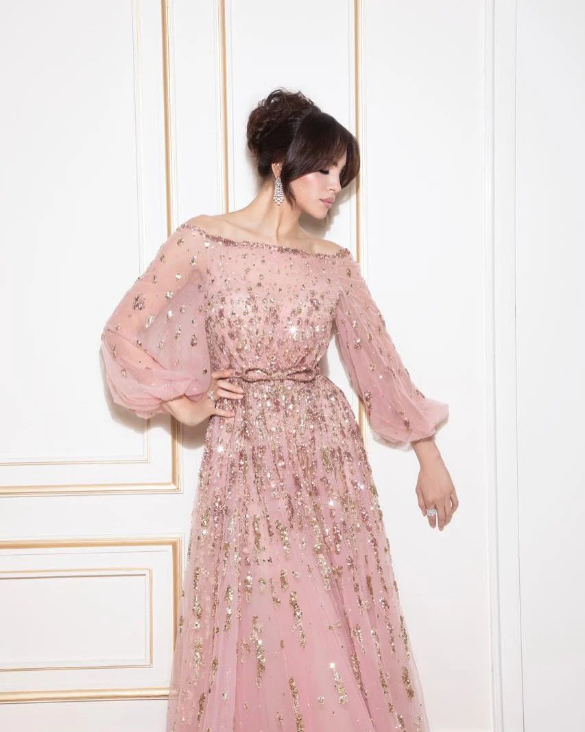 Luxury Pink Sequin Beaded Evening Gown with Elegant Bow SS230