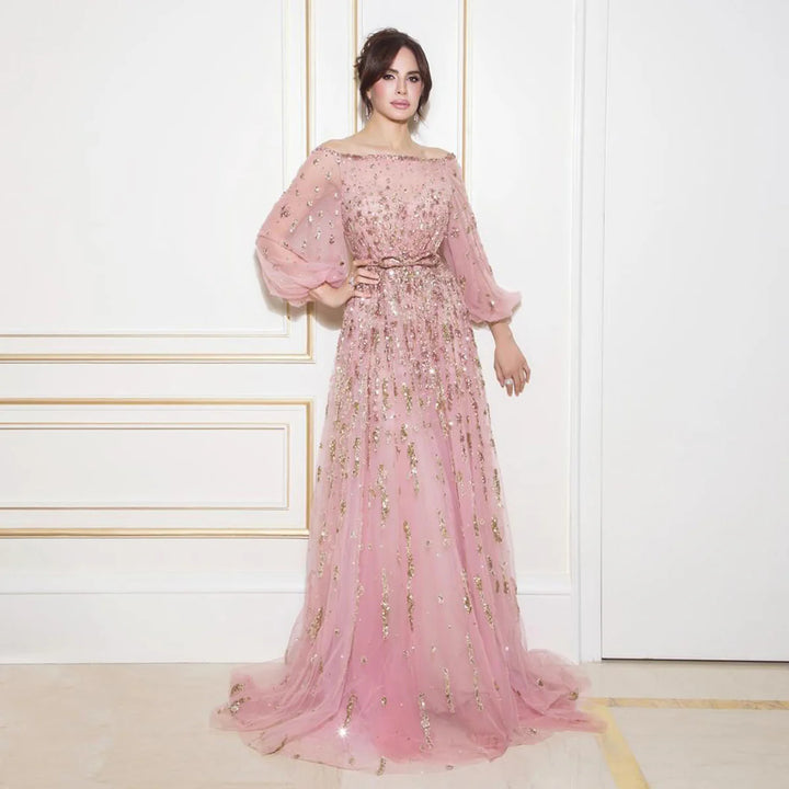 Luxury Pink Sequin Beaded Evening Gown with Elegant Bow SS230
