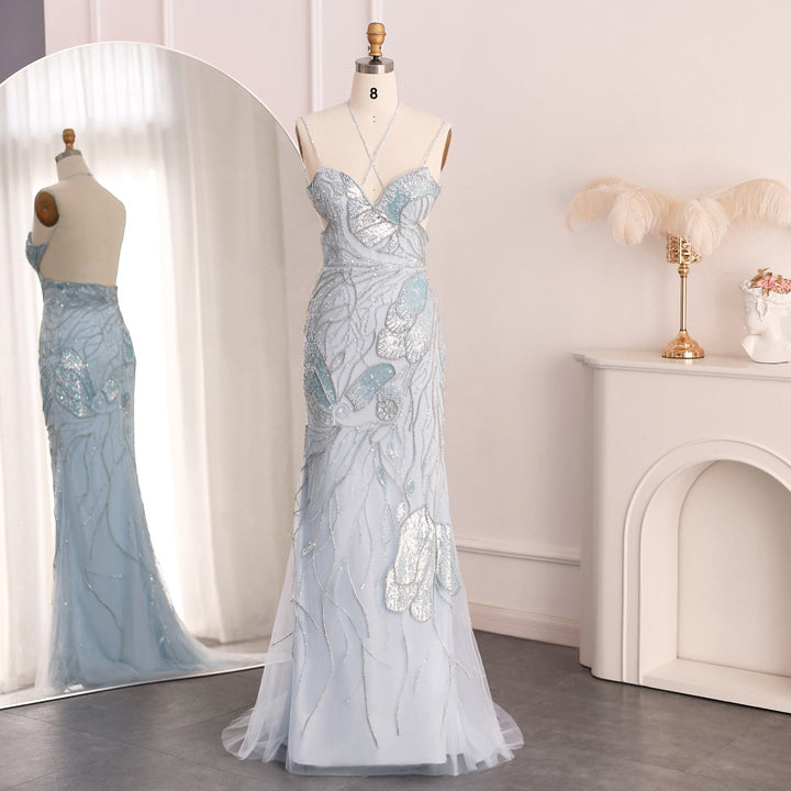 Mermaid Pink Evening Dresses with Feathers Scarf Spaghetti Straps SS478