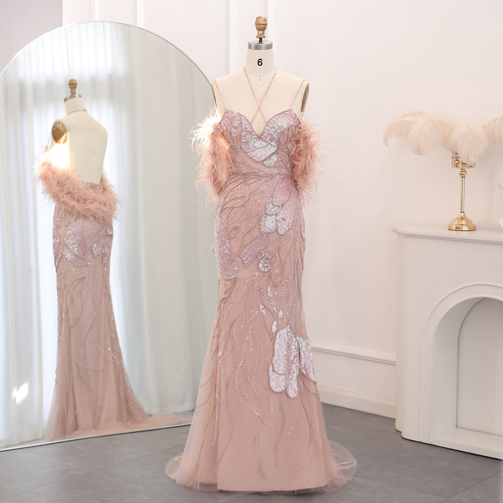 Mermaid Pink Evening Dresses with Feathers Scarf Spaghetti Straps SS478