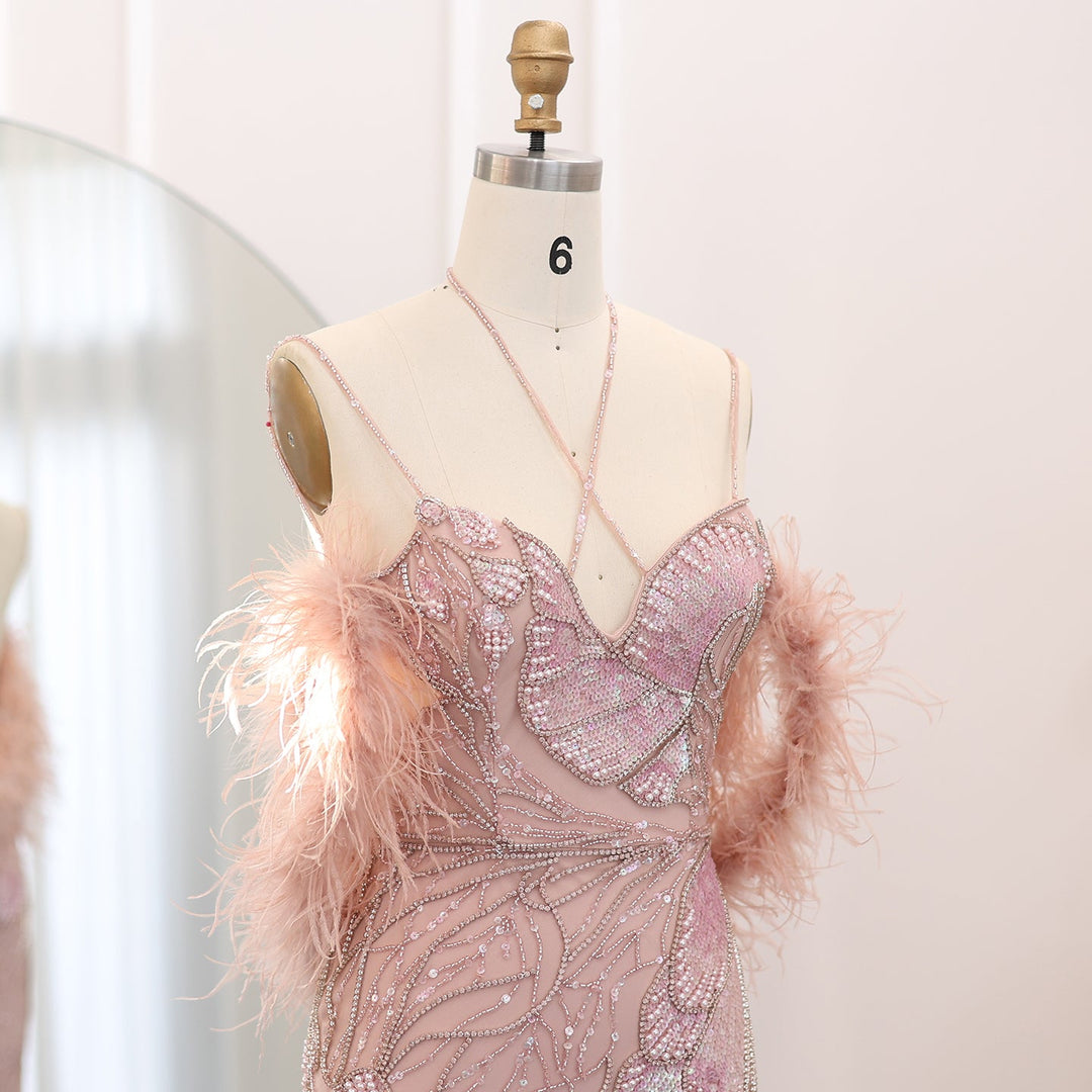 Mermaid Pink Evening Dresses with Feathers Scarf Spaghetti Straps SS478