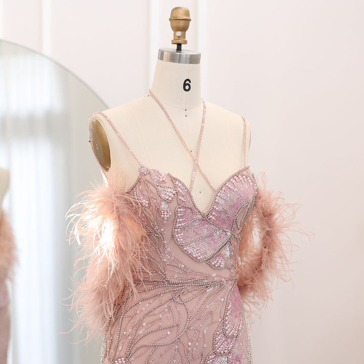 Mermaid Pink Evening Dresses with Feathers Scarf Spaghetti Straps SS478