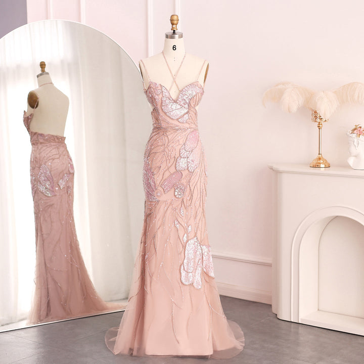 Mermaid Pink Evening Dresses with Feathers Scarf Spaghetti Straps SS478