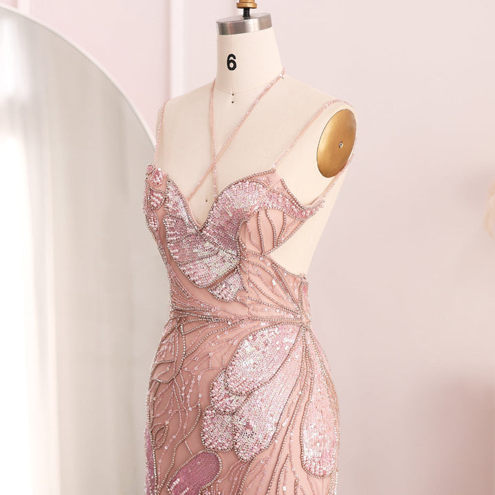 Mermaid Pink Evening Dresses with Feathers Scarf Spaghetti Straps SS478