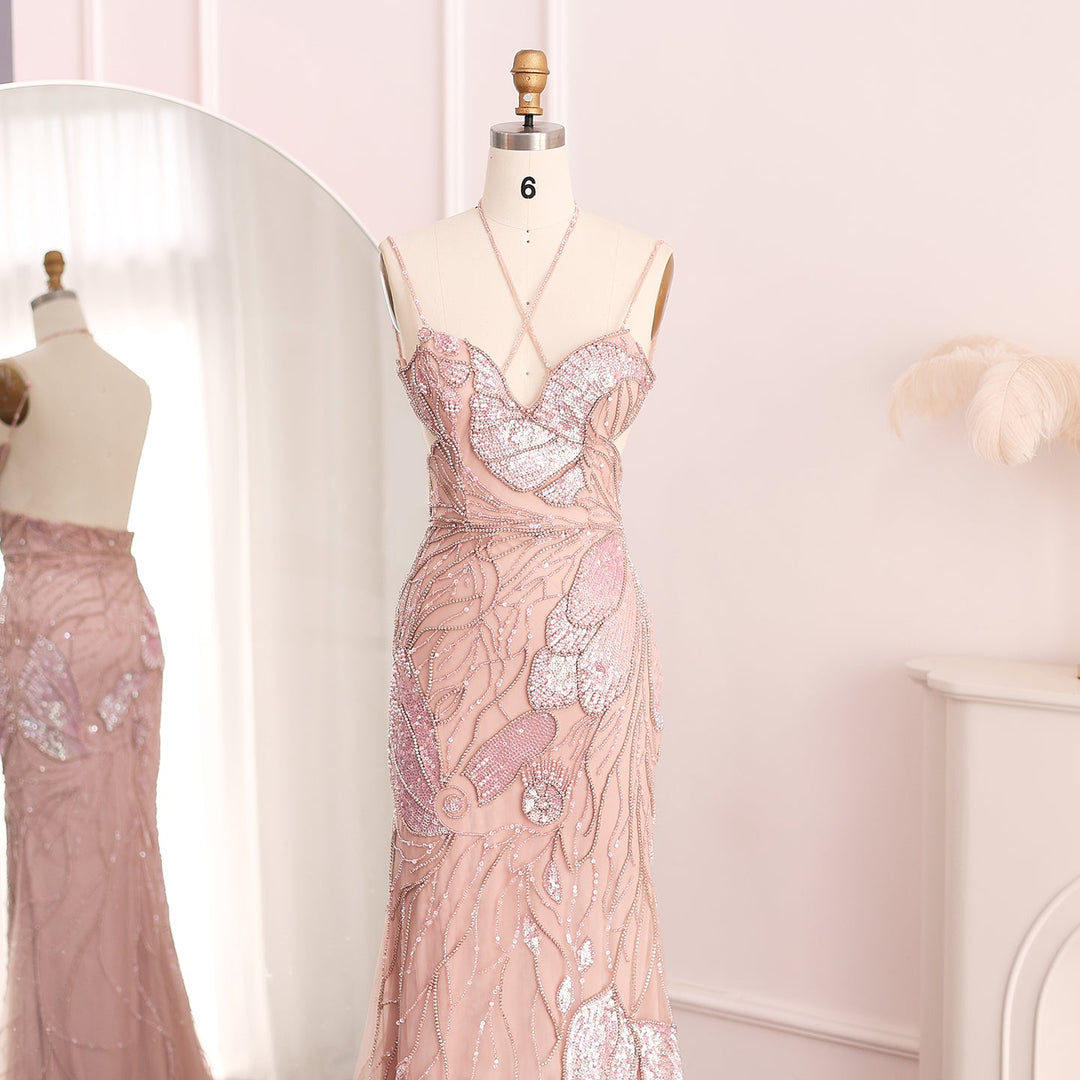 Mermaid Pink Evening Dresses with Feathers Scarf Spaghetti Straps SS478