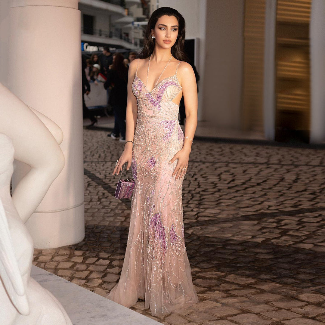 Mermaid Pink Evening Dresses with Feathers Scarf Spaghetti Straps SS478