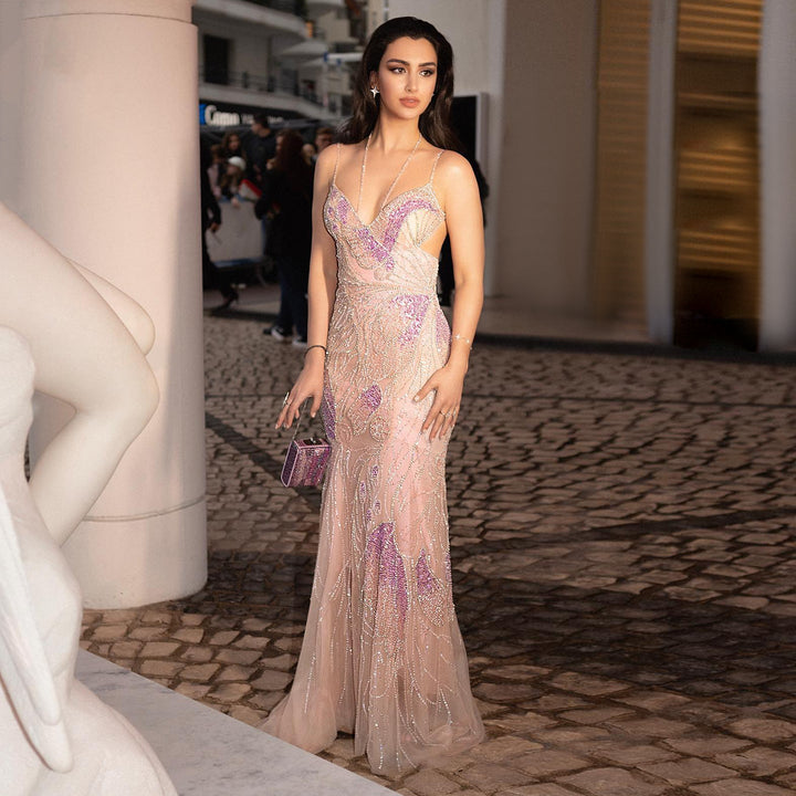 Mermaid Pink Evening Dresses with Feathers Scarf Spaghetti Straps SS478