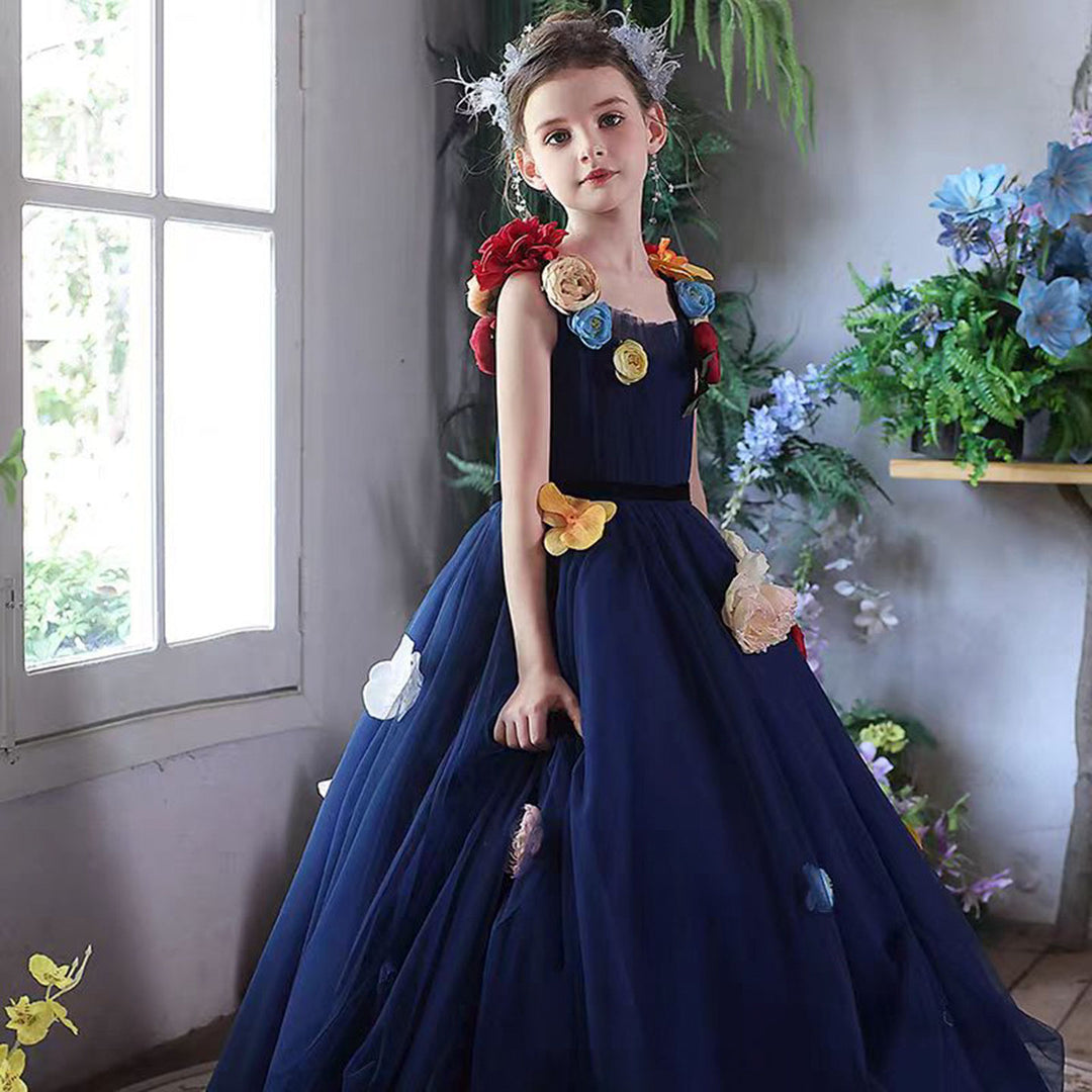 Navy Blue Flower Girl Dress with Voluminous Tulle Skirt Birthday Party J013